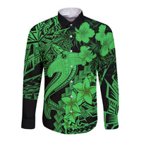 Aloha Hawaii Long Sleeve Button Shirt Hammerhead Shark Tattoo Polynesian Summer - Green LT9 Unisex Green - Polynesian Pride