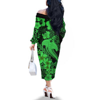 Aloha Hawaii Off The Shoulder Long Sleeve Dress Hammerhead Shark Tattoo Polynesian Summer - Green LT9 - Polynesian Pride