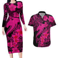 Aloha Hawaii Couples Matching Long Sleeve Bodycon Dress and Hawaiian Shirt Hammerhead Shark Tattoo Polynesian Summer - Pink LT9 Pink - Polynesian Pride