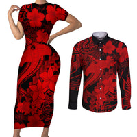 Aloha Hawaii Couples Matching Short Sleeve Bodycon Dress and Long Sleeve Button Shirts Hammerhead Shark Tattoo Polynesian Summer - Red LT9 Red - Polynesian Pride