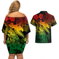 Aloha Hawaii Couples Matching Off Shoulder Short Dress and Hawaiian Shirt Hammerhead Shark Tattoo Polynesian Summer - Reggae LT9 - Polynesian Pride