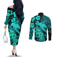 Aloha Hawaii Couples Matching Off The Shoulder Long Sleeve Dress and Long Sleeve Button Shirts Hammerhead Shark Tattoo Polynesian Summer - Turquoise LT9 - Polynesian Pride