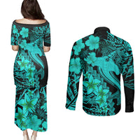 Aloha Hawaii Couples Matching Puletasi Dress and Long Sleeve Button Shirts Hammerhead Shark Tattoo Polynesian Summer - Turquoise LT9 - Polynesian Pride