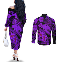 Aloha Hawaii Couples Matching Off The Shoulder Long Sleeve Dress and Long Sleeve Button Shirts Hammerhead Shark Tattoo Polynesian Summer - Violet LT9 - Polynesian Pride