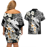Aloha Hawaii Couples Matching Off Shoulder Short Dress and Hawaiian Shirt Hammerhead Shark Tattoo Polynesian Summer - White LT9 - Polynesian Pride