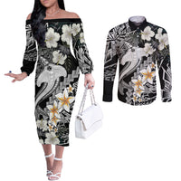 Aloha Hawaii Couples Matching Off The Shoulder Long Sleeve Dress and Long Sleeve Button Shirts Hammerhead Shark Tattoo Polynesian Summer - White LT9 White - Polynesian Pride