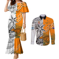 Fiji Australia Rugby Couples Matching Mermaid Dress and Long Sleeve Button Shirts World Cup 2023 Polynesia Tapa Mixed Indigenous Aboriginal LT9 Gold - Polynesian Pride