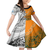 Fiji Australia Rugby Kid Short Sleeve Dress World Cup 2023 Polynesia Tapa Mixed Indigenous Aboriginal LT9 KID Gold - Polynesian Pride
