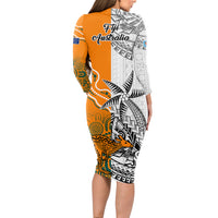 fiji-australia-rugby-long-sleeve-bodycon-dress-world-cup-2023-polynesia-tapa-mixed-indigenous-aboriginal