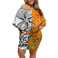 Fiji Australia Rugby Off Shoulder Short Dress World Cup 2023 Polynesia Tapa Mixed Indigenous Aboriginal LT9 Women Gold - Polynesian Pride