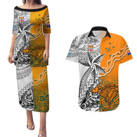 Personalised Fiji Australia Rugby Couples Matching Puletasi Dress and Hawaiian Shirt World Cup 2023 Polynesia Tapa Mixed Indigenous Aboriginal LT9 Gold - Polynesian Pride