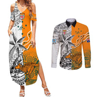 Personalised Fiji Australia Rugby Couples Matching Summer Maxi Dress and Long Sleeve Button Shirts World Cup 2023 Polynesia Tapa Mixed Indigenous Aboriginal LT9 Gold - Polynesian Pride