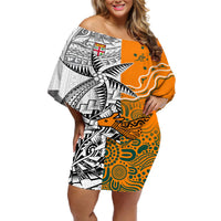 Personalised Fiji Australia Rugby Off Shoulder Short Dress World Cup 2023 Polynesia Tapa Mixed Indigenous Aboriginal LT9 Women Gold - Polynesian Pride
