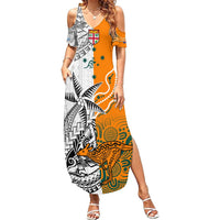 Personalised Fiji Australia Rugby Summer Maxi Dress World Cup 2023 Polynesia Tapa Mixed Indigenous Aboriginal LT9 Women Gold - Polynesian Pride