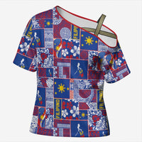 Filipino Maligayang Pasko Cross Shoulder Shirt Pacific Patchwork Xmas Vibes LT9 Female Blue - Polynesian Pride