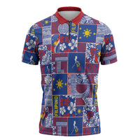 Filipino Maligayang Pasko Zipper Polo Shirt Pacific Patchwork Xmas Vibes LT9 Blue - Polynesian Pride