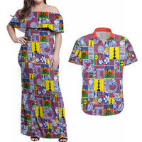 New Caledonia Joyeux Noel Couples Matching Off Shoulder Maxi Dress and Hawaiian Shirt Pacific Patchwork Xmas Vibes - Polynesian Pride
