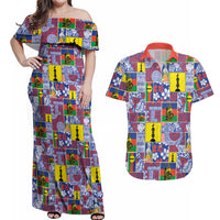 New Caledonia Joyeux Noel Couples Matching Off Shoulder Maxi Dress and Hawaiian Shirt Pacific Patchwork Xmas Vibes LT9 Blue - Polynesian Pride