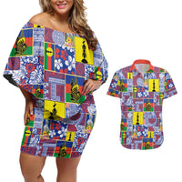 New Caledonia Joyeux Noel Couples Matching Off Shoulder Short Dress and Hawaiian Shirt Pacific Patchwork Xmas Vibes LT9 Blue - Polynesian Pride