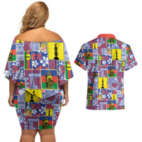 New Caledonia Joyeux Noel Couples Matching Off Shoulder Short Dress and Hawaiian Shirt Pacific Patchwork Xmas Vibes LT9 - Polynesian Pride