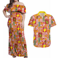 Niue Monuina e Kilisimasi Couples Matching Off Shoulder Maxi Dress and Hawaiian Shirt Pacific Patchwork Xmas Vibes LT9 Yellow - Polynesian Pride
