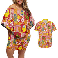 Niue Monuina e Kilisimasi Couples Matching Off Shoulder Short Dress and Hawaiian Shirt Pacific Patchwork Xmas Vibes LT9 Yellow - Polynesian Pride