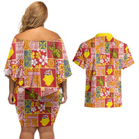 Niue Monuina e Kilisimasi Couples Matching Off Shoulder Short Dress and Hawaiian Shirt Pacific Patchwork Xmas Vibes LT9 - Polynesian Pride