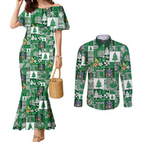 Norfolk Island Meri Krismas Couples Matching Mermaid Dress and Long Sleeve Button Shirt Pacific Patchwork Xmas Vibes LT9 Green - Polynesian Pride
