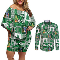 Norfolk Island Meri Krismas Couples Matching Off Shoulder Short Dress and Long Sleeve Button Shirt Pacific Patchwork Xmas Vibes LT9 Green - Polynesian Pride