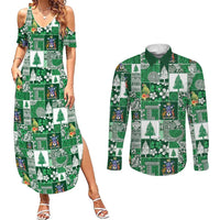 Norfolk Island Meri Krismas Couples Matching Summer Maxi Dress and Long Sleeve Button Shirt Pacific Patchwork Xmas Vibes LT9 Green - Polynesian Pride