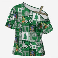 Norfolk Island Meri Krismas Cross Shoulder Shirt Pacific Patchwork Xmas Vibes LT9 Female Green - Polynesian Pride