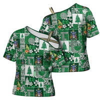 Norfolk Island Meri Krismas Cross Shoulder Shirt Pacific Patchwork Xmas Vibes LT9 - Polynesian Pride