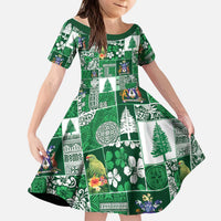 Norfolk Island Meri Krismas Kid Short Sleeve Dress Pacific Patchwork Xmas Vibes LT9 KID Green - Polynesian Pride