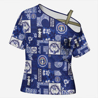 Northern Mariana Islands Magof Nochebuena Cross Shoulder Shirt Pacific Patchwork Xmas Vibes LT9 Female Blue - Polynesian Pride