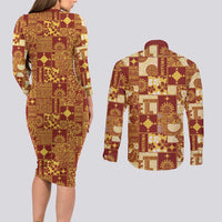 Rotuma Faiakse'ea 'e Kirisimasi Couples Matching Long Sleeve Bodycon Dress and Long Sleeve Button Shirt Pacific Patchwork Xmas Vibes LT9 - Polynesian Pride