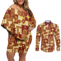 Rotuma Faiakse'ea 'e Kirisimasi Couples Matching Off Shoulder Short Dress and Long Sleeve Button Shirt Pacific Patchwork Xmas Vibes LT9 Red - Polynesian Pride