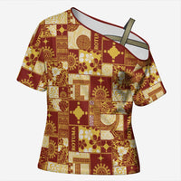 Rotuma Faiakse'ea 'e Kirisimasi Cross Shoulder Shirt Pacific Patchwork Xmas Vibes LT9 Female Red - Polynesian Pride
