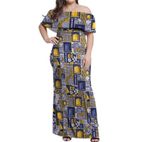 Tokelau Manuia te Kilihimahi Off Shoulder Maxi Dress Pacific Patchwork Xmas Vibes LT9 Women Blue - Polynesian Pride