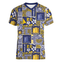 Tokelau Manuia te Kilihimahi Women V-Neck T-Shirt Pacific Patchwork Xmas Vibes LT9 Female Blue - Polynesian Pride