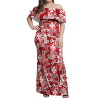 Wallis Et Futuna Kilisimasi Fiefia Off Shoulder Maxi Dress Pacific Patchwork Xmas Vibes LT9 Women Red - Polynesian Pride