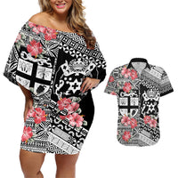Fiji Tonga Coat of Arm Personalised Couples Matching Off Shoulder Short Dress and Hawaiian Shirt With Masi Tapa and Tongan Ngatu Together LT9 Black - Polynesian Pride