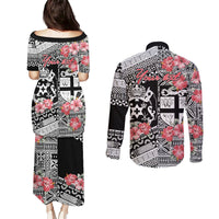 Fiji Tonga Coat of Arm Personalised Couples Matching Puletasi and Long Sleeve Button Shirt With Masi Tapa and Tongan Ngatu Together LT9 - Polynesian Pride