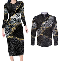 Polynesian Tribal Tattoo Couples Matching Long Sleeve Bodycon Dress and Long Sleeve Button Shirt Dark Marble Pattern LT9 Black - Polynesian Pride