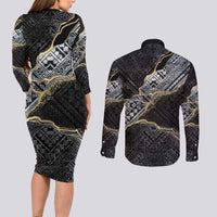 Polynesian Tribal Tattoo Couples Matching Long Sleeve Bodycon Dress and Long Sleeve Button Shirt Dark Marble Pattern LT9 - Polynesian Pride
