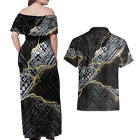 Polynesian Tribal Tattoo Couples Matching Off Shoulder Maxi Dress and Hawaiian Shirt Dark Marble Pattern LT9 - Polynesian Pride