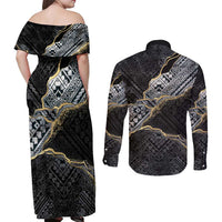Polynesian Tribal Tattoo Couples Matching Off Shoulder Maxi Dress and Long Sleeve Button Shirt Dark Marble Pattern LT9 - Polynesian Pride