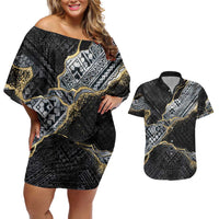 Polynesian Tribal Tattoo Couples Matching Off Shoulder Short Dress and Hawaiian Shirt Dark Marble Pattern LT9 Black - Polynesian Pride