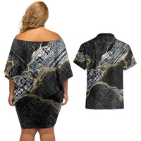 Polynesian Tribal Tattoo Couples Matching Off Shoulder Short Dress and Hawaiian Shirt Dark Marble Pattern LT9 - Polynesian Pride