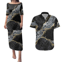 Polynesian Tribal Tattoo Couples Matching Puletasi and Hawaiian Shirt Dark Marble Pattern LT9 Black - Polynesian Pride