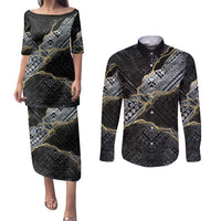 Polynesian Tribal Tattoo Couples Matching Puletasi and Long Sleeve Button Shirt Dark Marble Pattern LT9 Black - Polynesian Pride